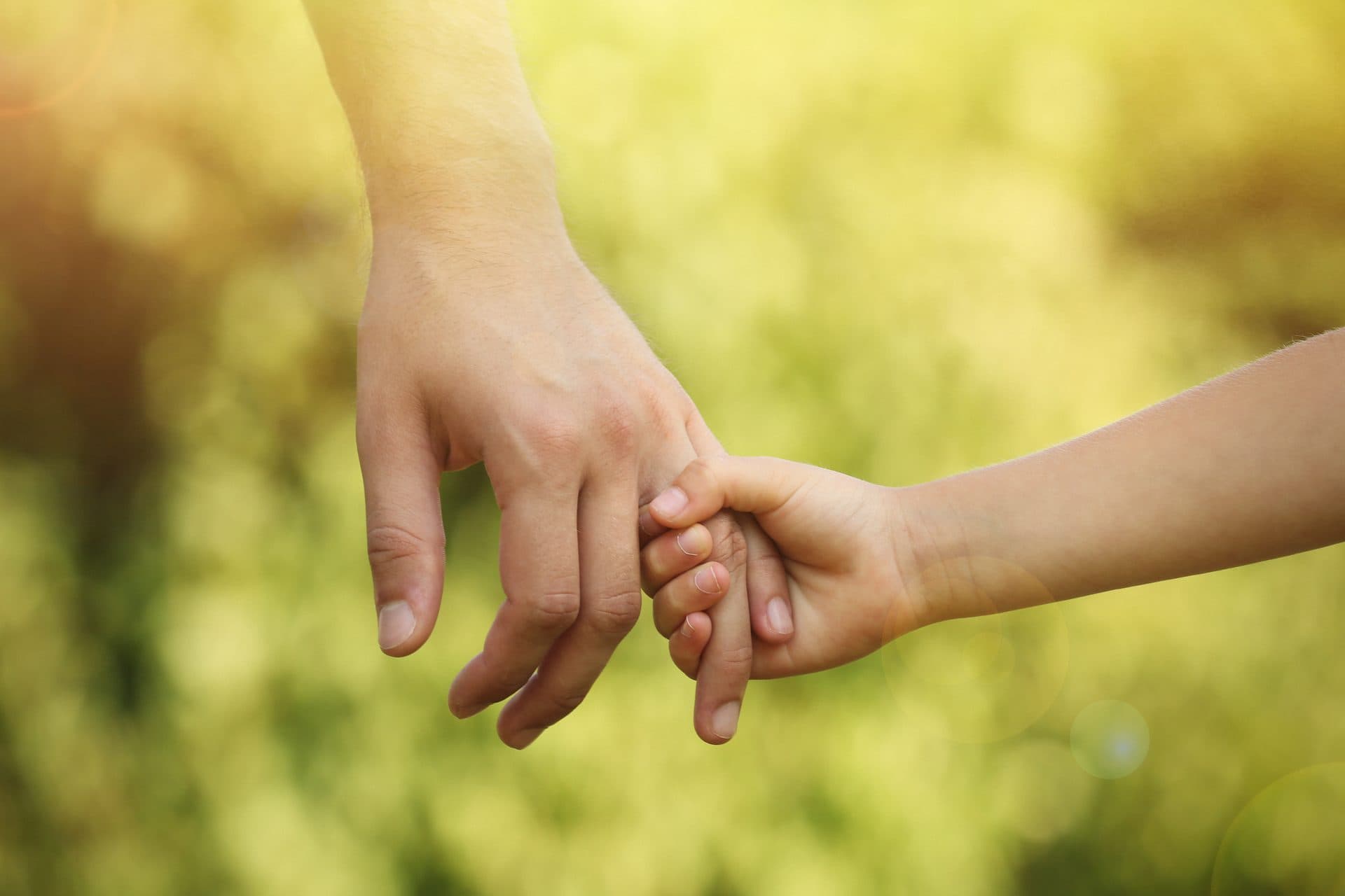 Die Hand eines Erwachsenen und die kleinere Hand eines Kindes halten sich lose an den Fingern; dahinter eine unscharfe, sonnenbeschienene grüngelbe Wiese