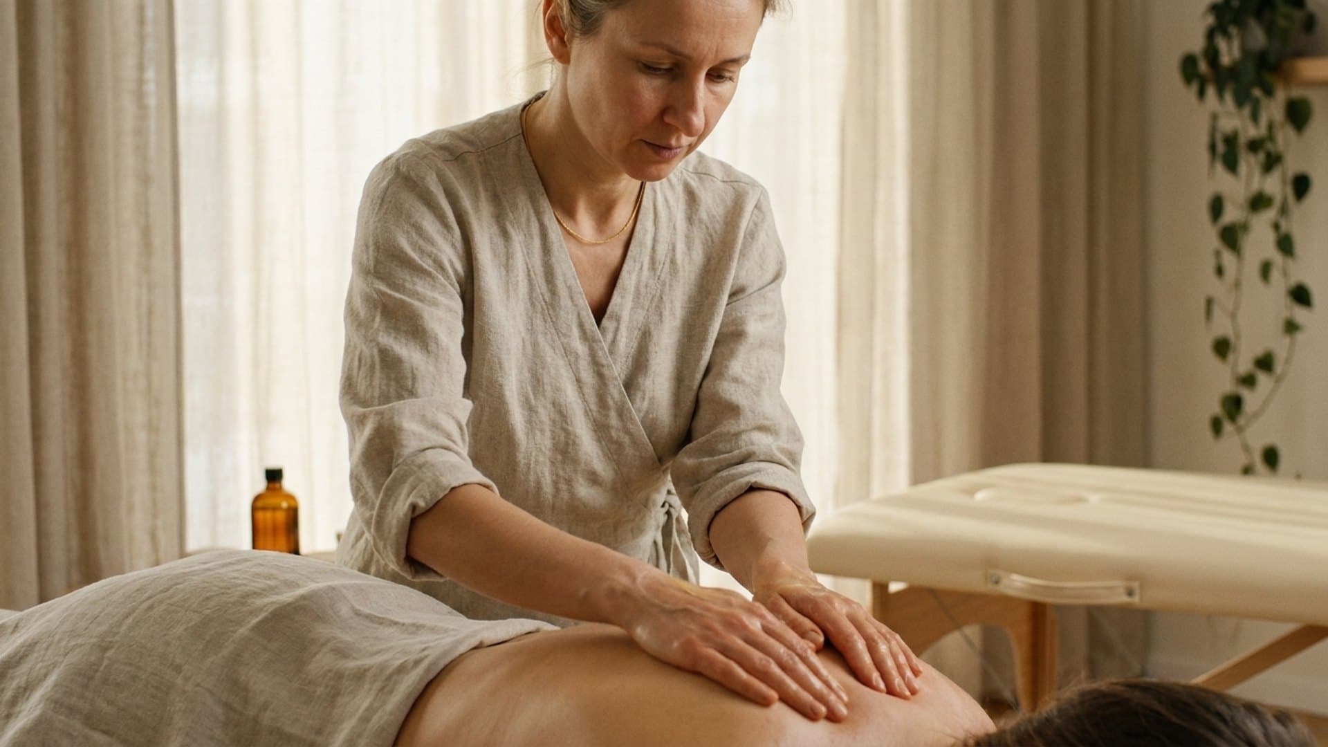 Eine Therapeutin in heller Leinenkleidung legt beide Hände flach auf den Rücken einer bäuchlings liegenden Person; dahinter eine leere Massageliege und ein Ölfläschchen am Fenster